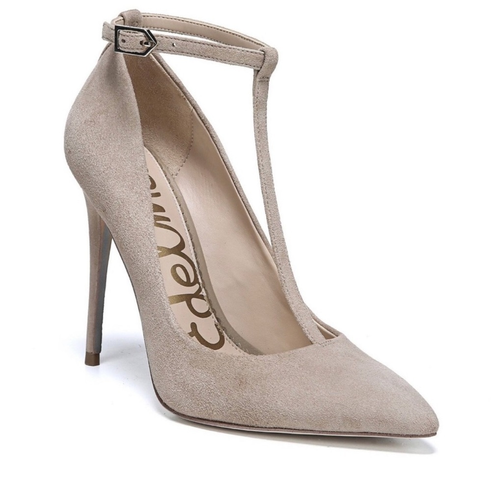 Sam Edelman Dorinda Oatmeal Suede T-Strap Pumps
